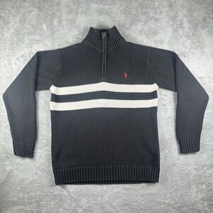 VTG Y2K Polo Ralph Lauren Women's Q Zip Mock Neck Sweater Black Stripe Cotton M